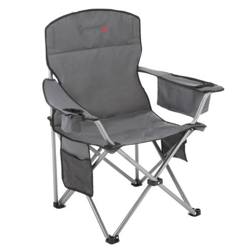 Arrowhead Outdoor‚ Portable Canvas/Steel Folding USB-Heated Outdoor Furniture Camping Chair With 6-Can Armrest Cooler, Gray/Steel