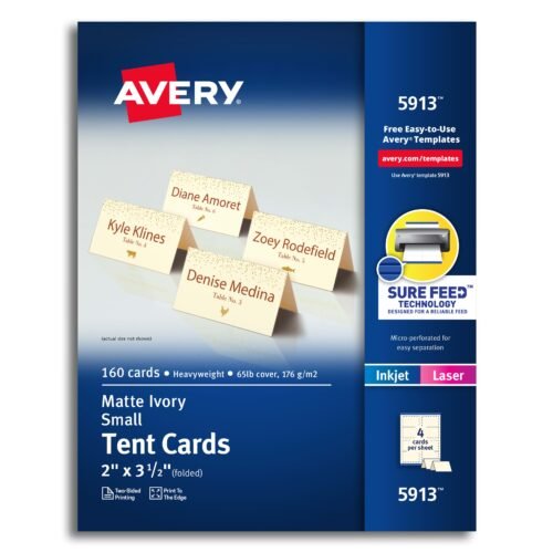 Avery Printable Small Tent Cards With Sure Feed Technology, For Laser Or Inkjet Printers, 2″ x 3.5″, Ivory, 160 Blank Place Cards