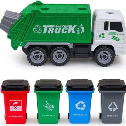 AZToys 215B-52 Friction Powered Garbage Truck Toy for Kids | Waste Management Dump Truck with Openable Back Door & 4 Trash Cans for Easy Dumping Function
