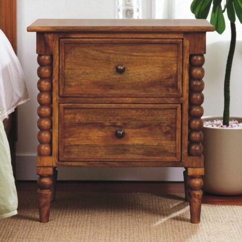 Artisan Furniture Solid Wood Spindle Leg Amber Oak Nightstand, Brown, 2-Drawers