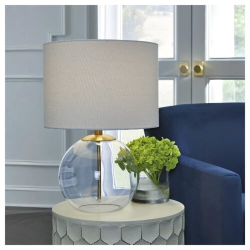 Ashley Furniture Samder Clear & Brass Glass Table Lamp – 14″W x 14″D x 21″H