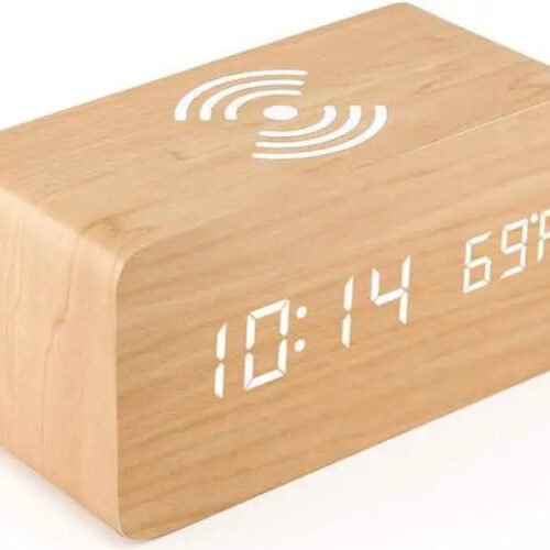 Bailink Alarm Clock with Qi Wireless Charging Pad compatible with iPhone Samsung Wood LED Digital Clock Sound Control Function, Time Date, Temperature Display for Bedroom Office Home
