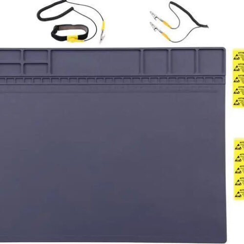 Anti-Static Mat ESD Safe for Electronic Includes ESD Wristband & Grounding Wire & 20pcs Anti-static Labels, Silicone Soldering Repair Mat 932°F Heat Resistant for iPhone iPad iMac, Laptop, Computer