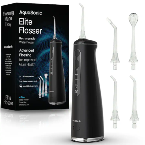 AquaSonic – Elite Flosser – Rechargeable Water Flosser with 4 Tips – Oral Irrigator with 4 Modes – Portable & Cordless – Black