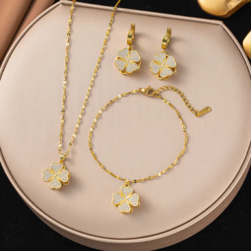 316 Stainless Steel Copper Four Leaf Clover Electroplated 18K Real Gold Plated Elegant Waterproof Non Tarnish Bracelets Earrings Necklace