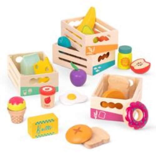 B.toys B. toys- Little Foodie Groups- Pretend Play Wooden Play Food – Food Group Crates – 24 Play Kitchen Accessories – Educational Toy